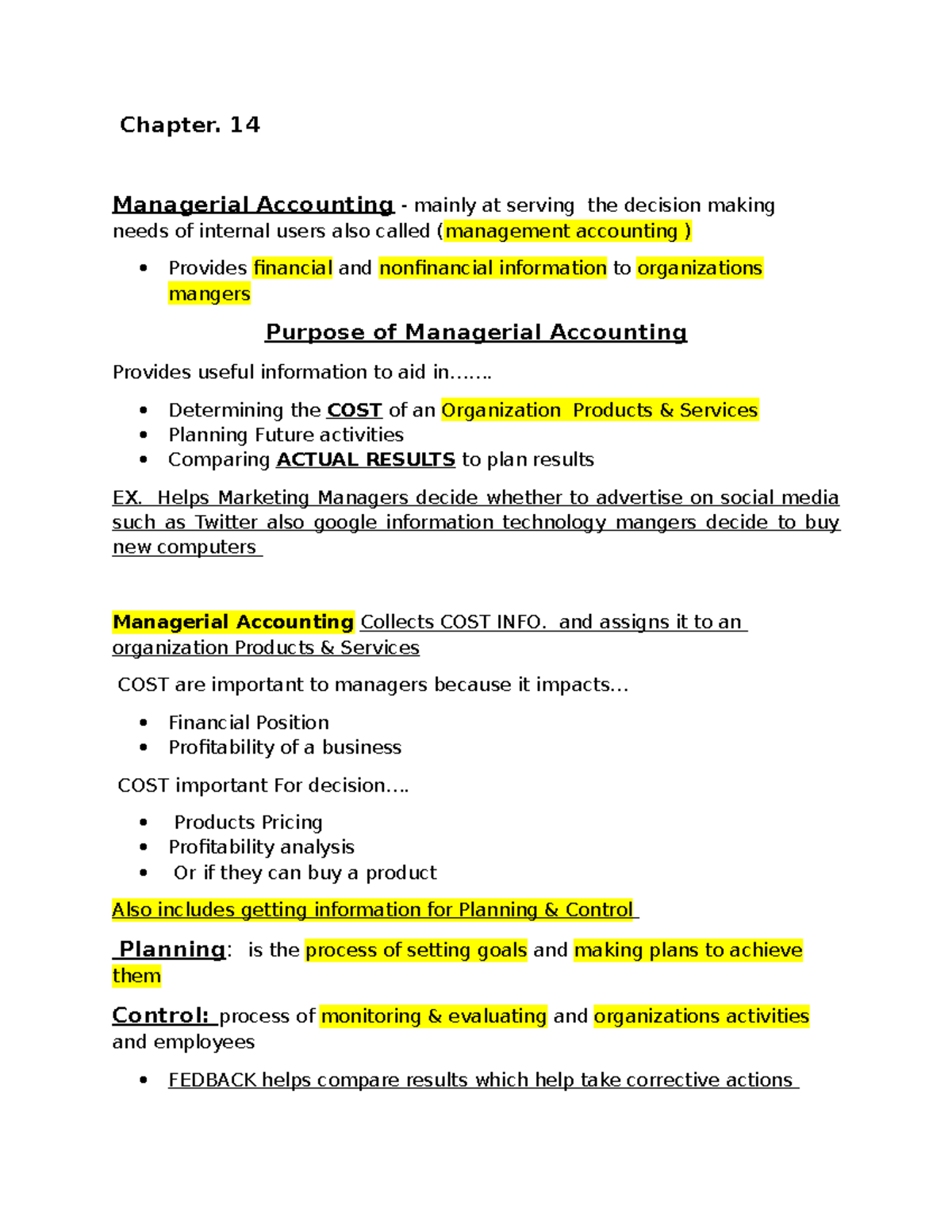 Managerial Accounting Lecture Notes - Chapter 14 Overview - Studocu
