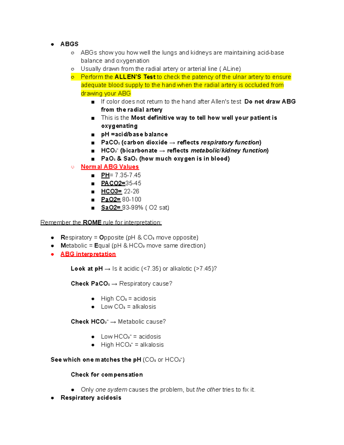 ABGS Lecture Notes: Understanding Arterial Blood Gases and ...