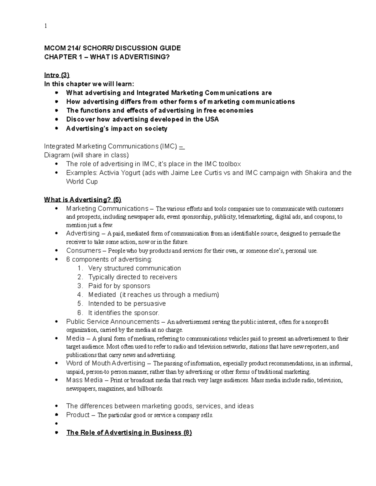 Advertising Chapter 1 - MCOM 214/ SCHORR/ DISCUSSION GUIDE CHAPTER 1 ...