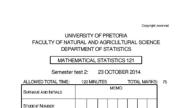 Semester Test 2 2014 Memo: Mathematical Statistics 121 - Studocu