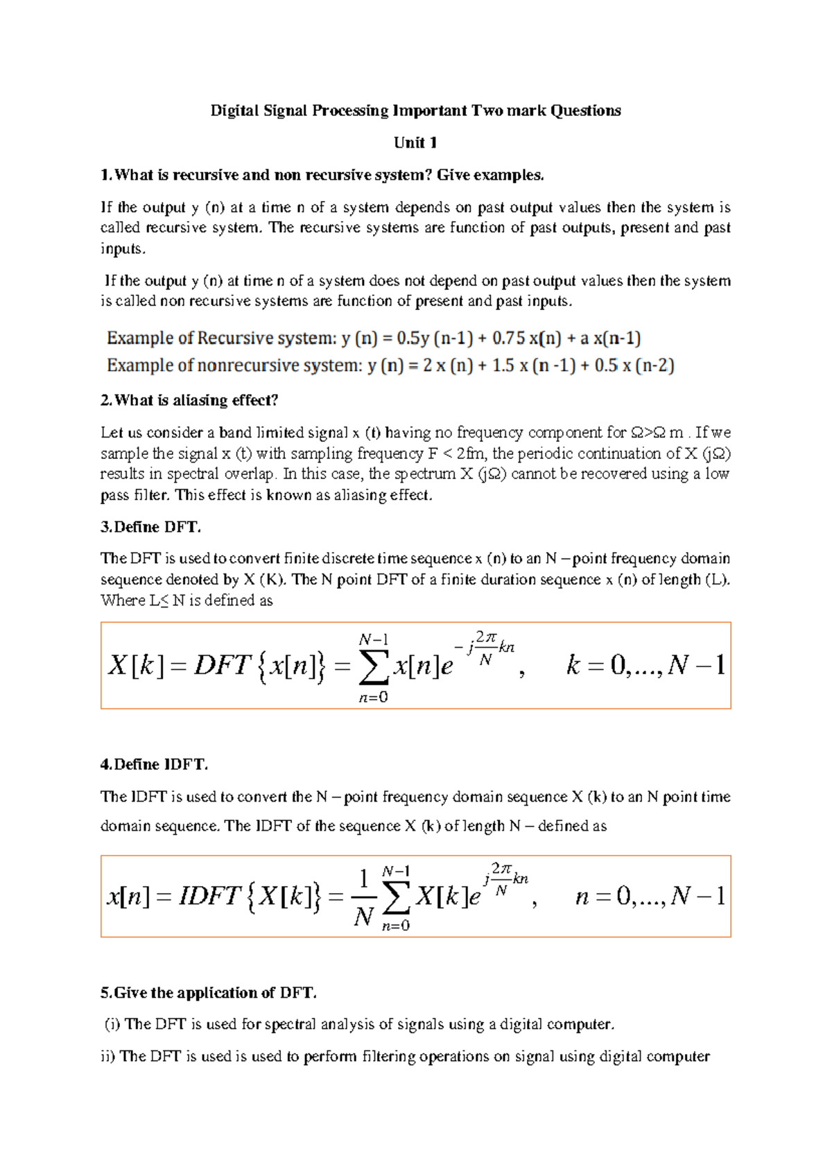 DSP - Important Two Mark Questions for Digital Signal Processing - Studocu