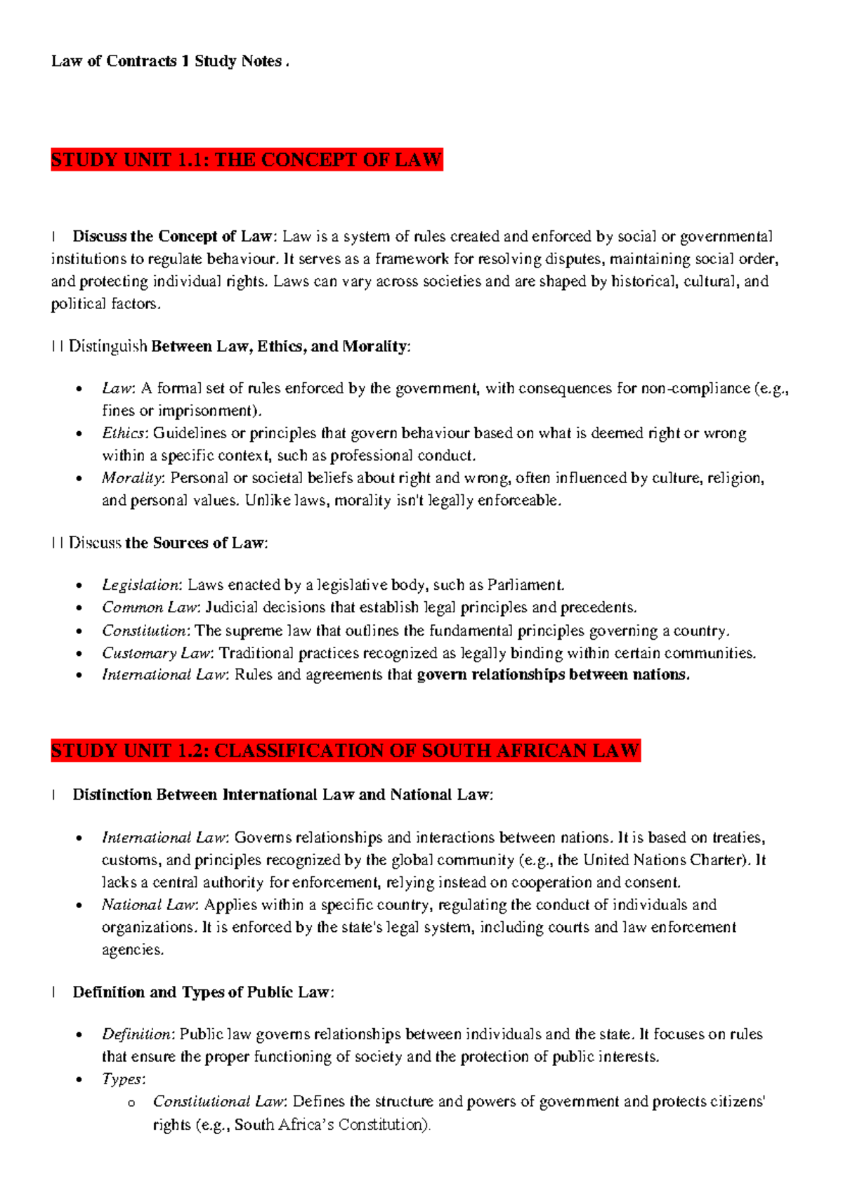Law of Contracts 1: Comprehensive Study Notes for Exam Preparation ...