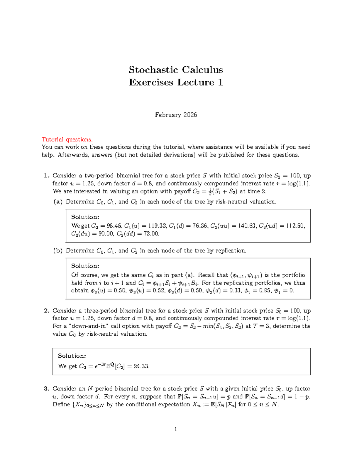 SC2026 Stochastic Calculus Exercises Lecture 1 Solutions - Studeersnel