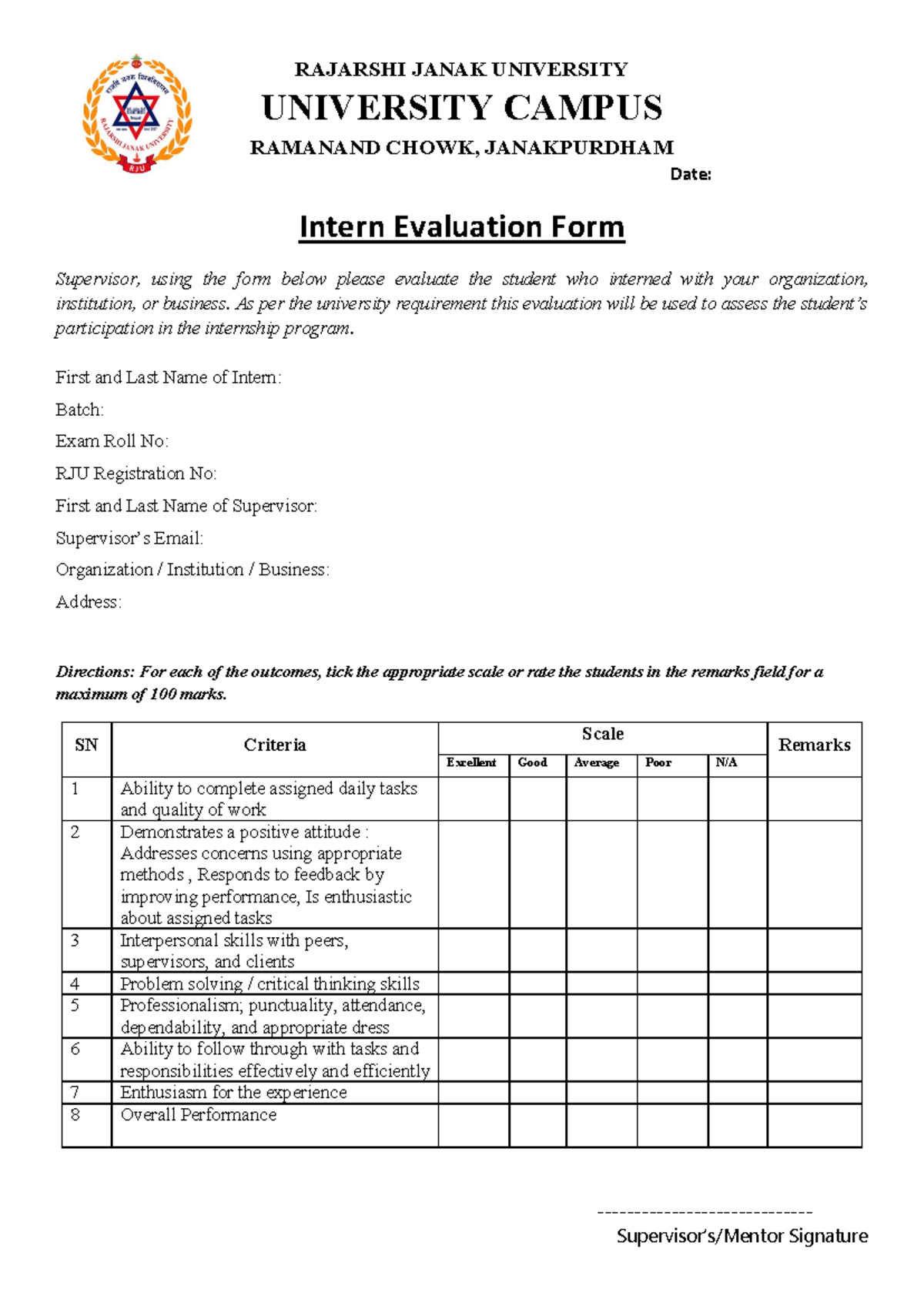 Intern Evaluation Form for RJU Internship Program - Studocu