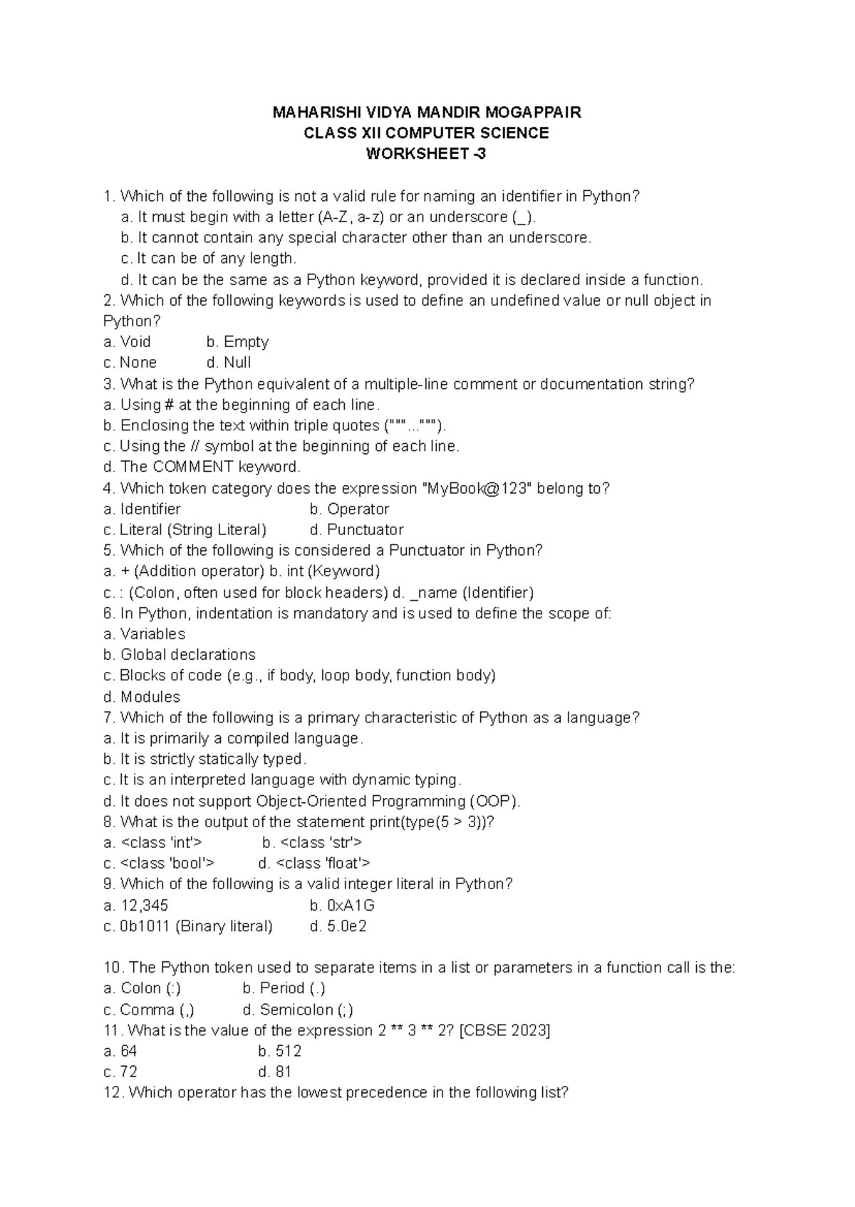 MAHARISHI VIDYA MANDIR MOGAPPAIR CLASS XII COMPUTER SCIENCE WORKSHEET 1 ...