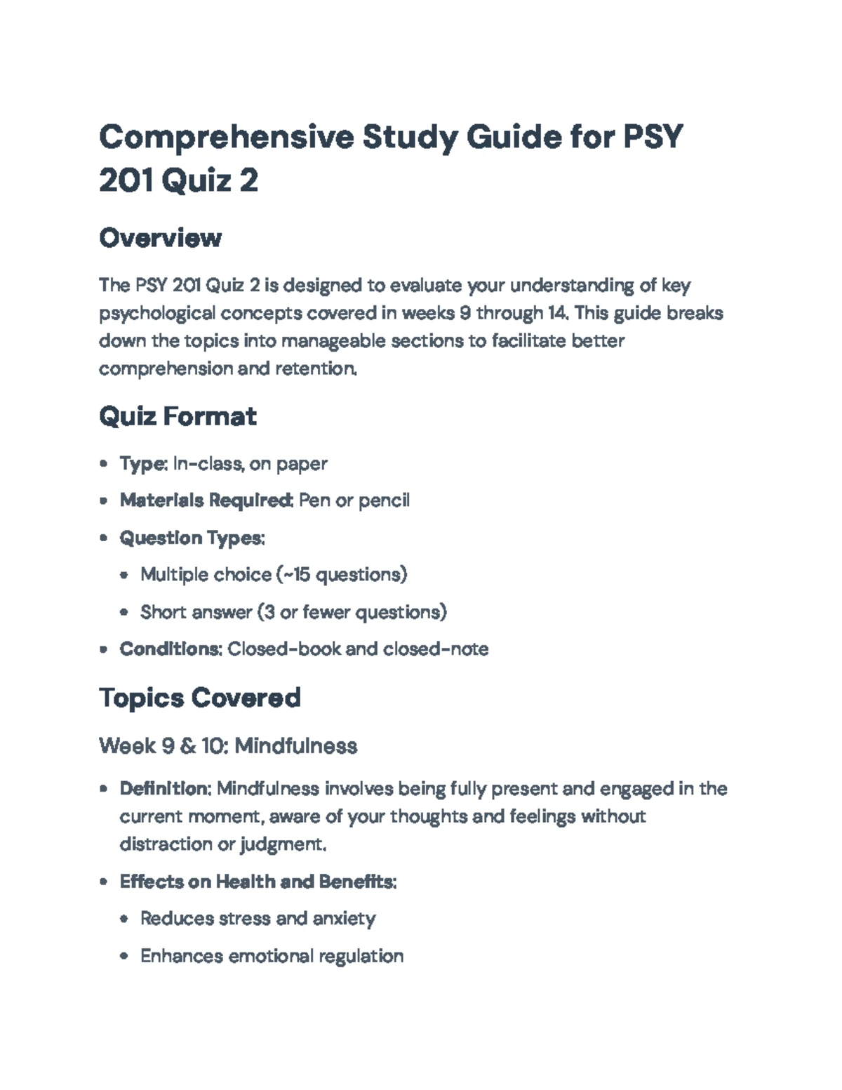 PSY 201 Quiz 2 Study Guide - Key Topics and Format Details - PSY 201 ...