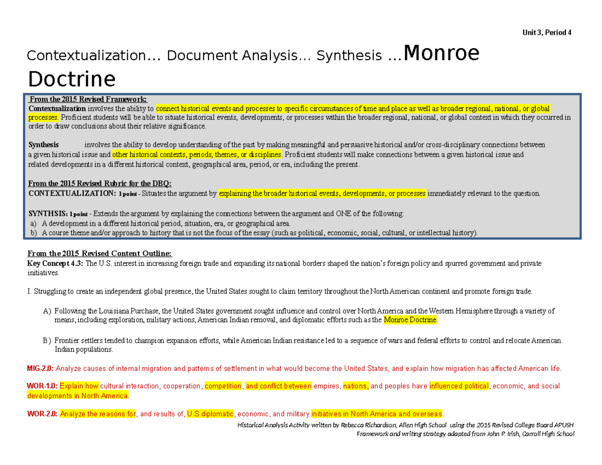 Unit 3, Period 4: Synthesis of the Monroe Doctrine & Contextualization ...