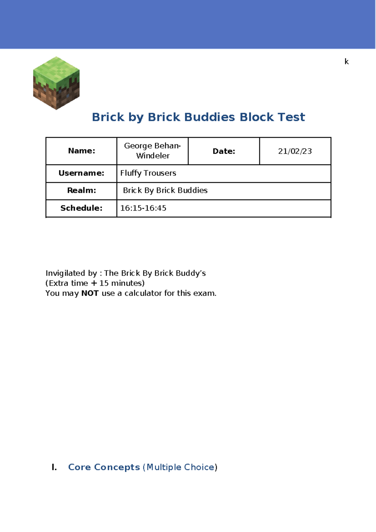 Brick By Brick Buddies Block Test - Exam Template for GB-101 - Studocu