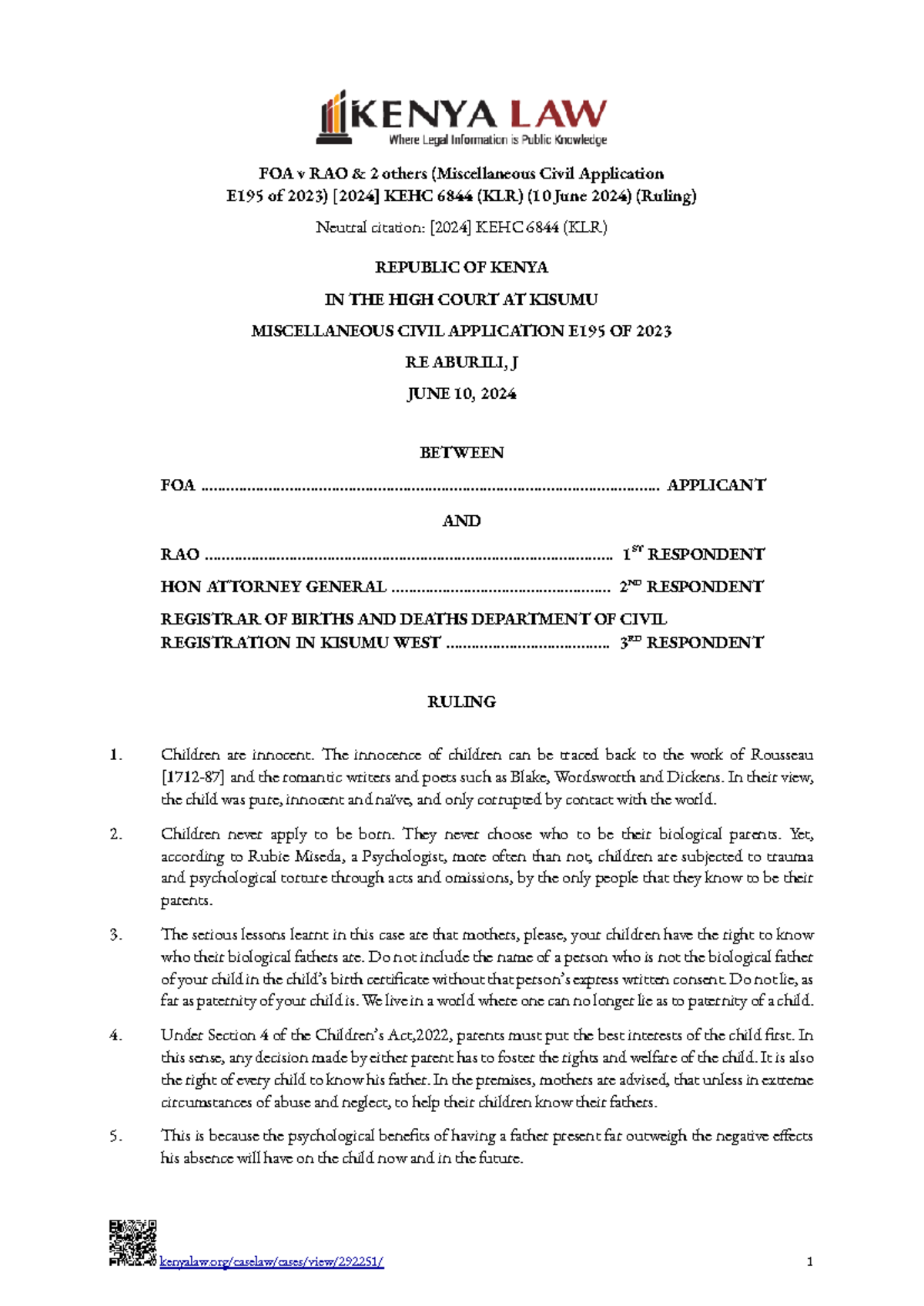 FOA v RAO & Others (Misc. Civil App E195/2023) - Ruling Summary - Studocu