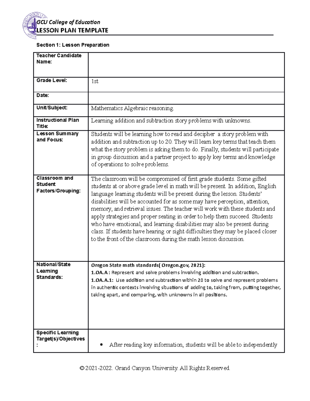 Math Lesson Plan - Addition & Subtraction Story Problems for 1st Grade ...