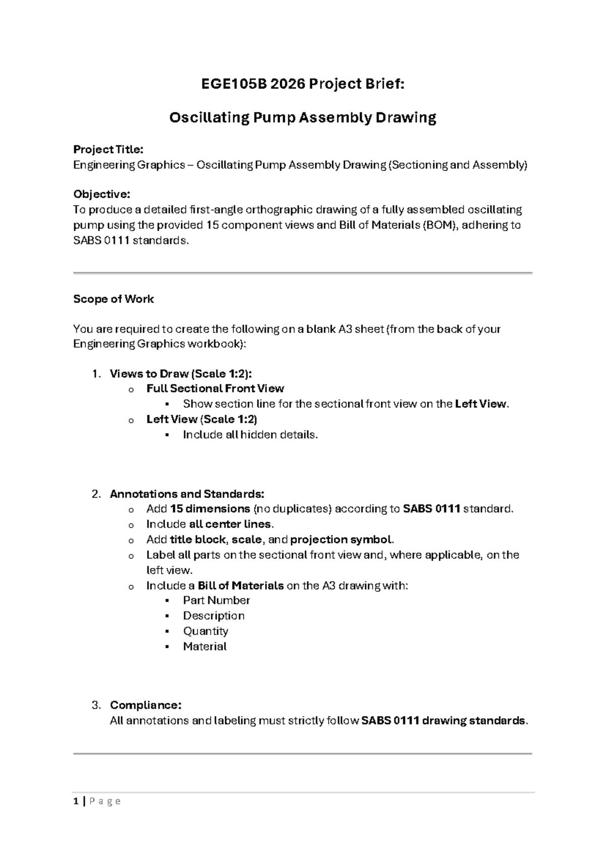EGE105B 2026 Project Brief: Oscillating Pump Assembly Drawing - Studocu