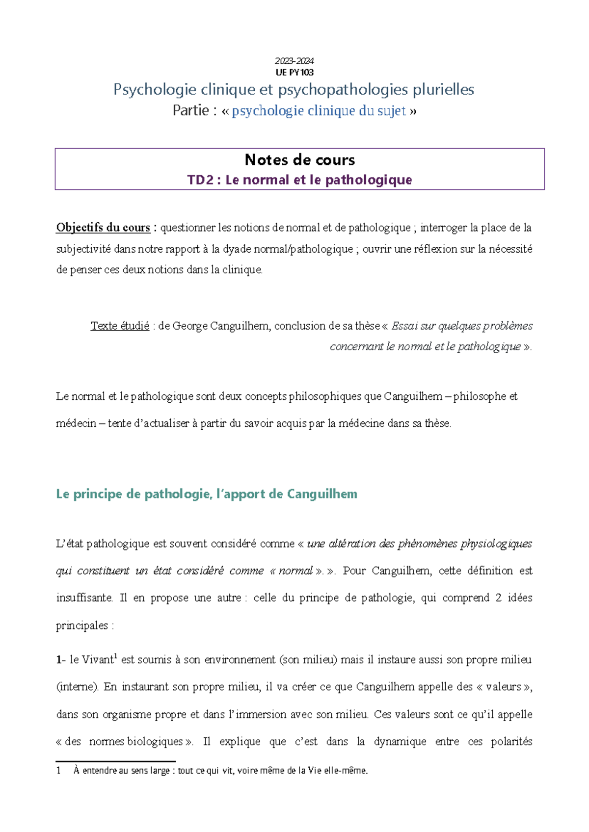 Notes de cours TD2: Le Normal et le Pathologique en Psychologie ...