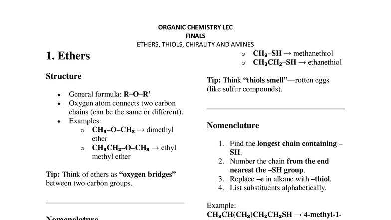 ORGANIC CHEMISTRY LEC FINALS: ESTERS, THIOLS, CHIRALITY & AMINES - Studocu
