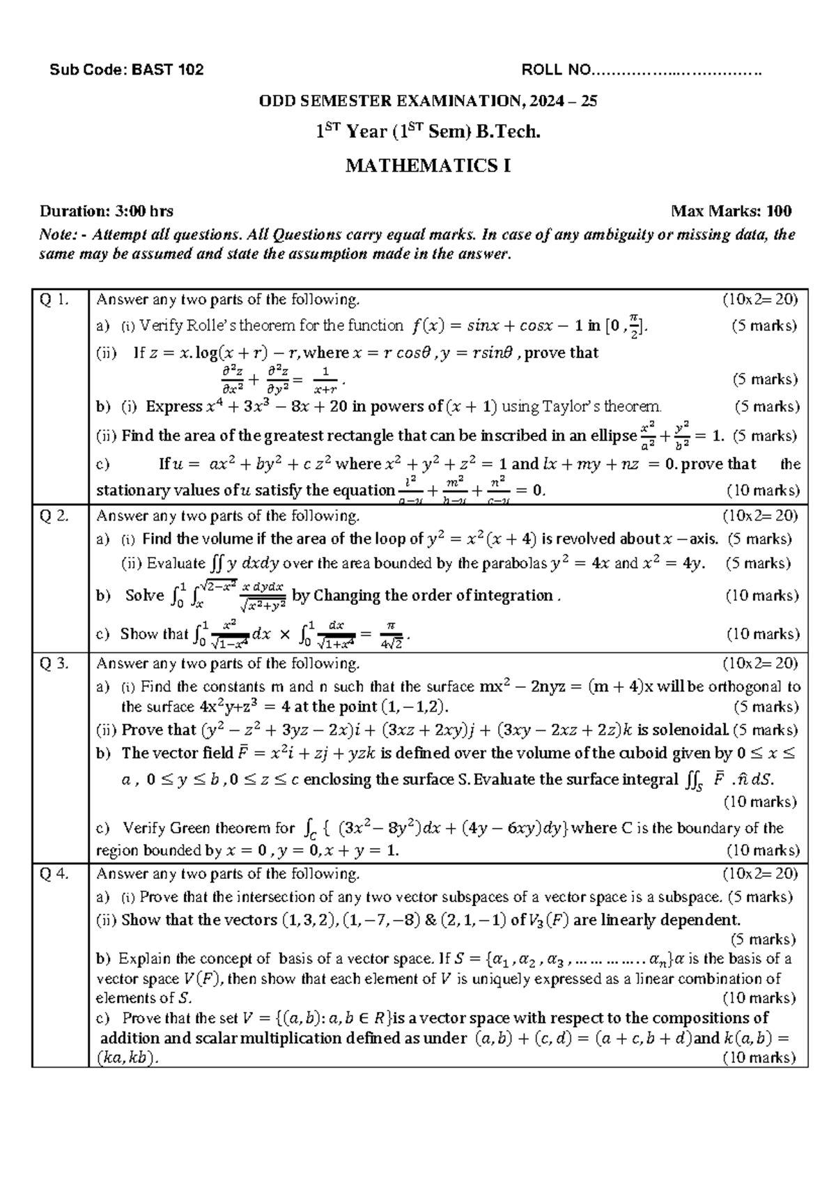 BAST 102: 1st Year B.Tech. Mathematics I Odd Sem Exam 2024-25 - Studocu