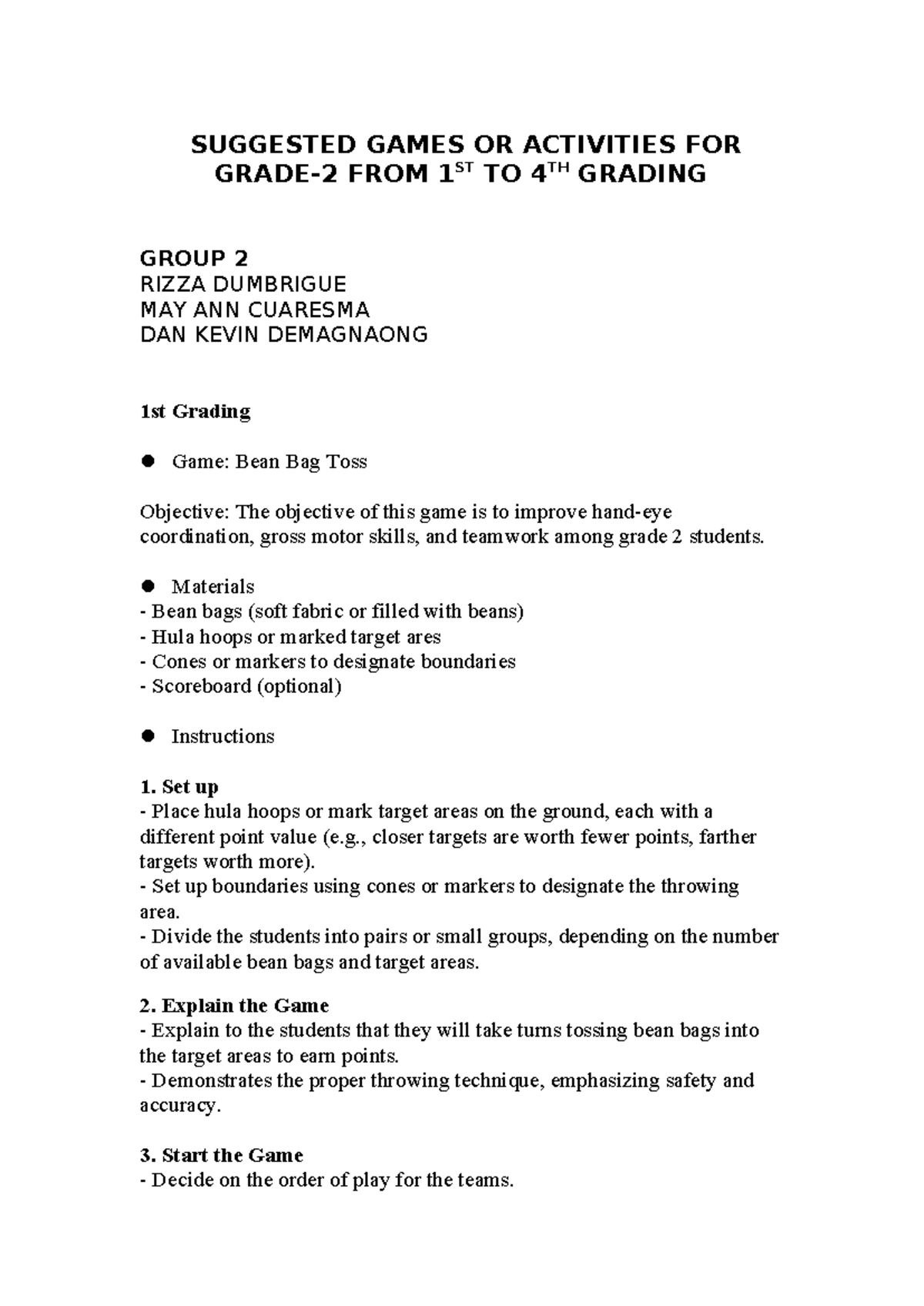 Grade 2 Suggested Games & Activities for Different Levels - Studocu