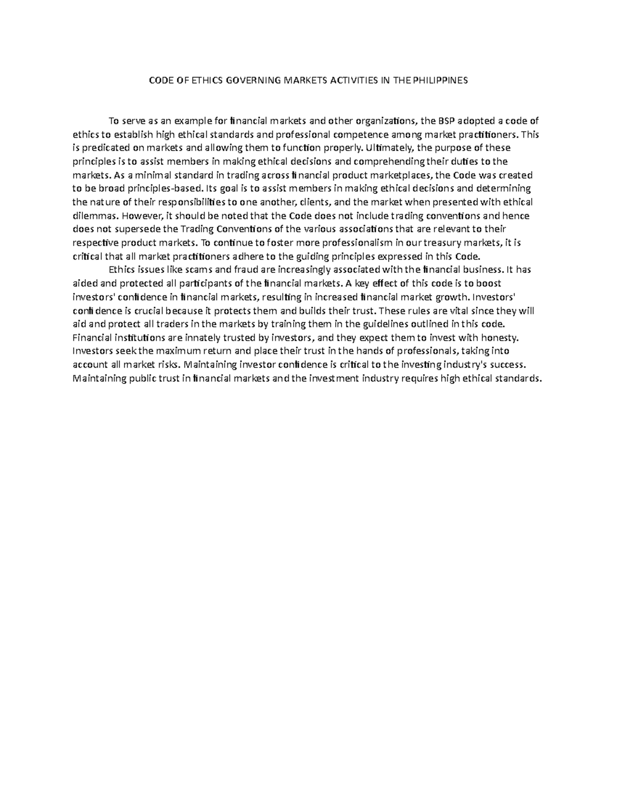 Ethics Code for Market Activities in the Philippines: A Guide - Studocu