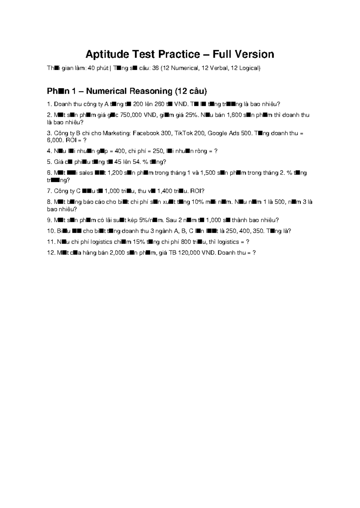 Aptitude Test Practice – Full Version (Numerical & Verbal) - Studocu