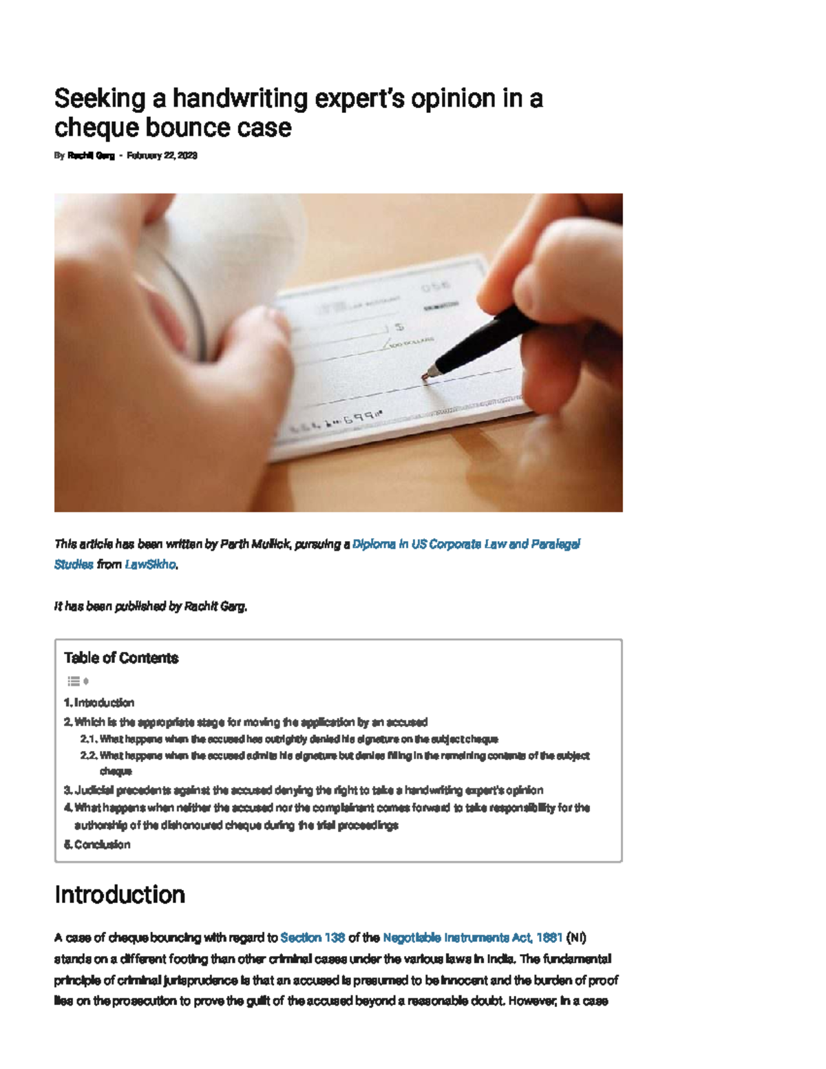 Seeking a Handwriting Expert's Opinion in Cheque Bounce Case - LawSikho ...