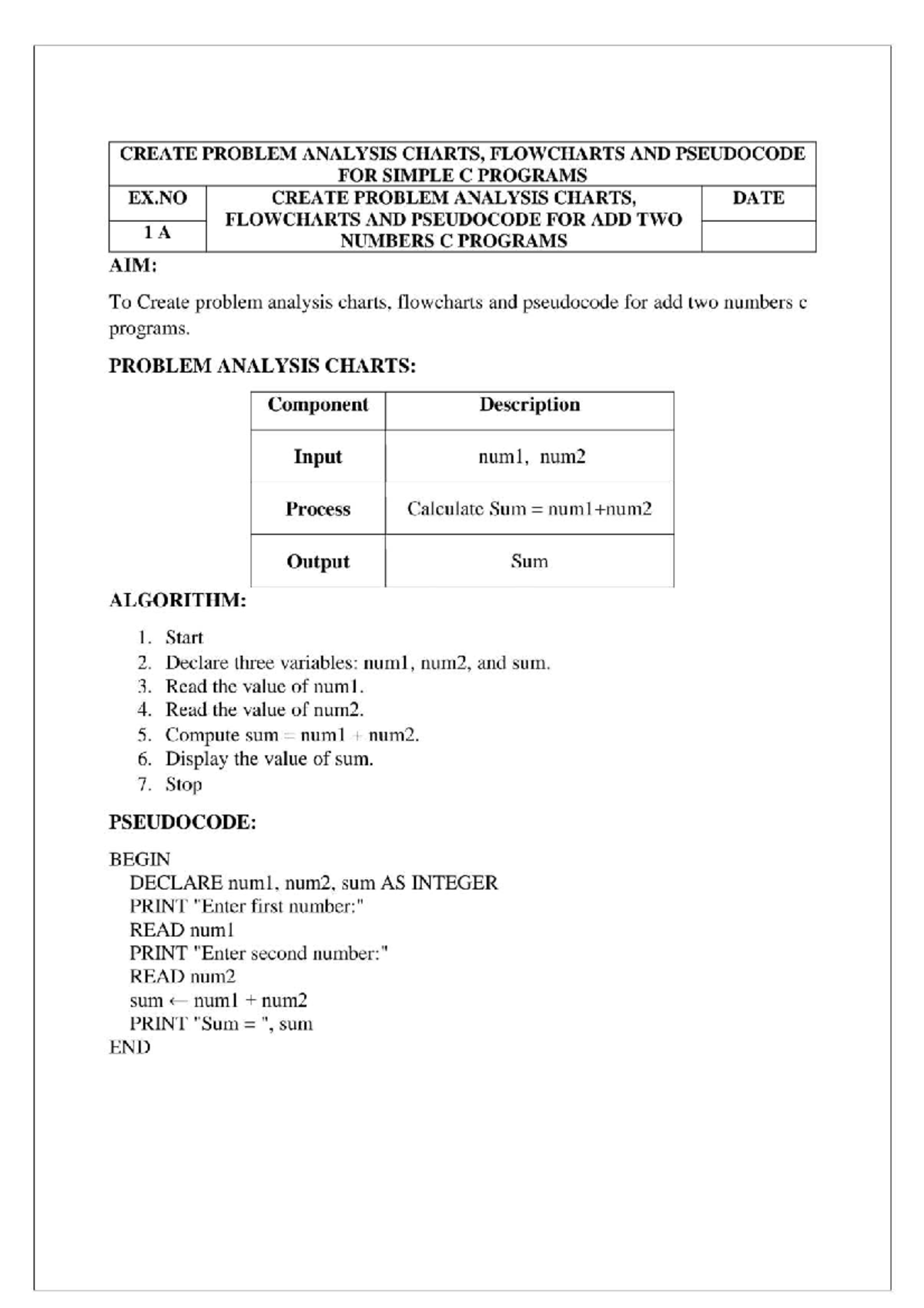 C Lab Manual (Ex-1,2): Problem Analysis, Flowcharts & Pseudocode - Studocu