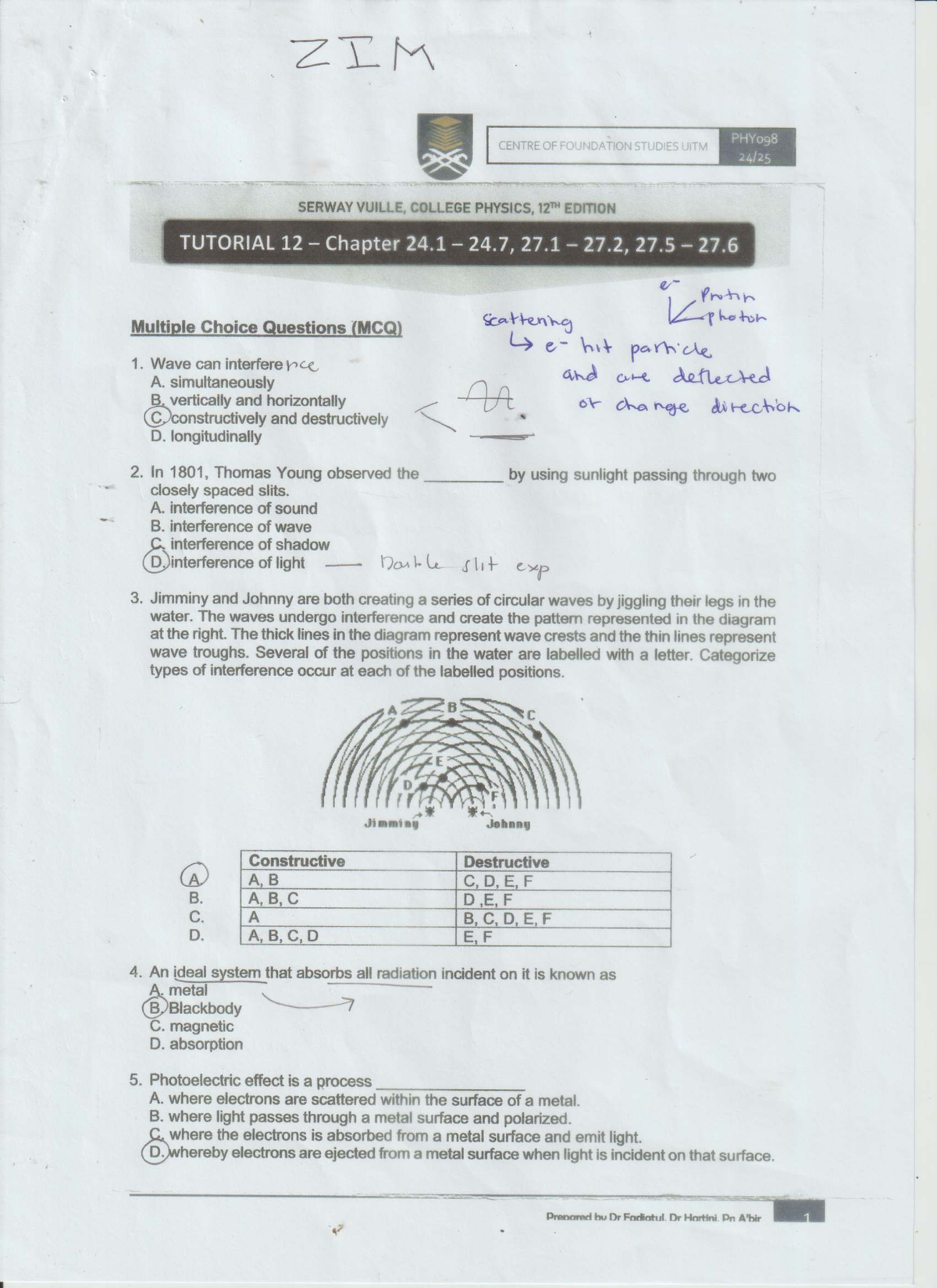PHY098 Tutorial 12 - Comprehensive Solutions on Wave Interference and ...