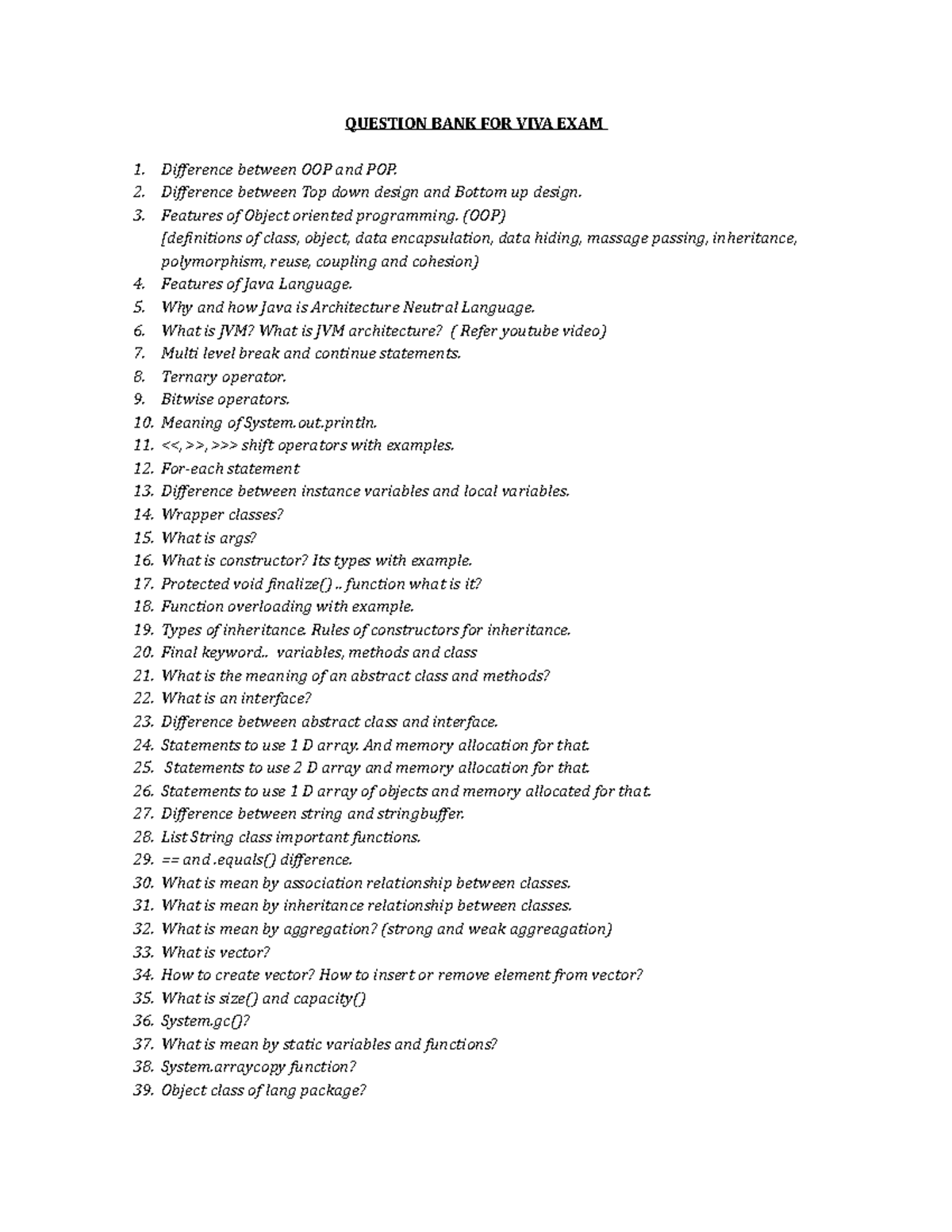 QST Bank for Java VIVA Exam: Key Topics and Concepts Explained - Studocu