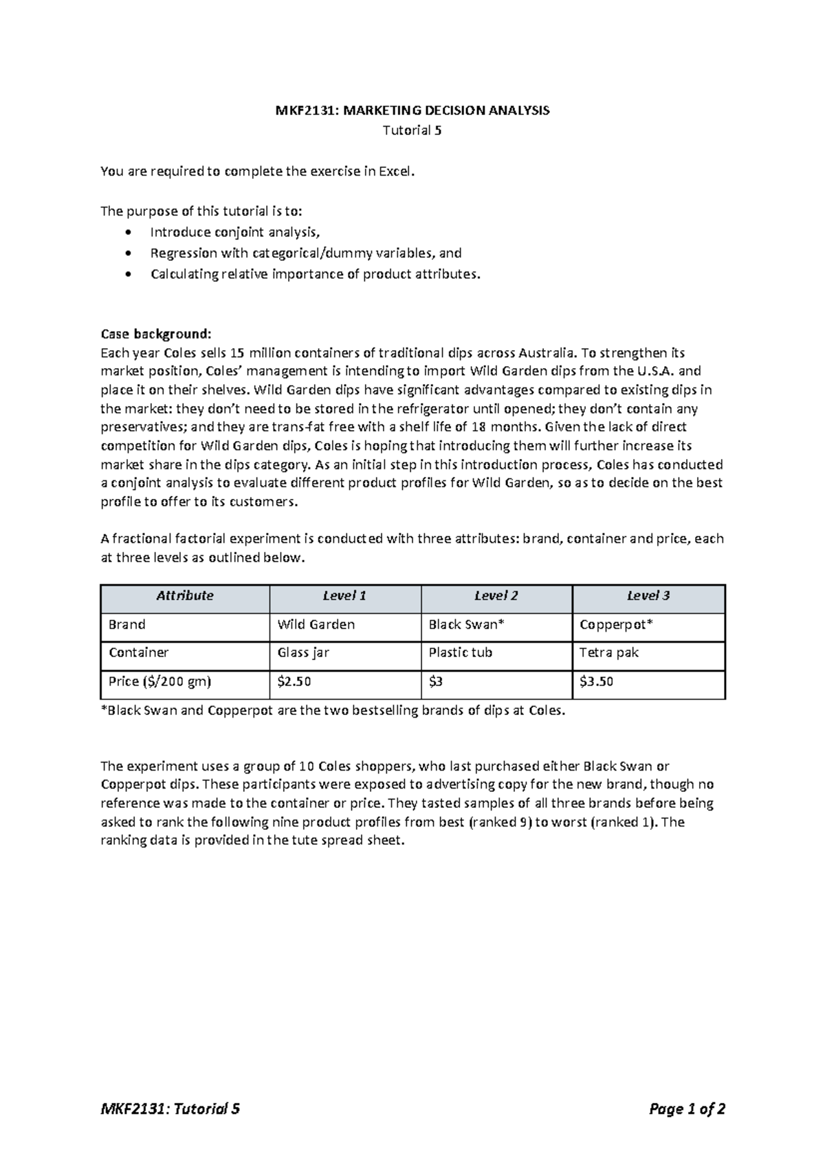 MKF2131 - Tutorial 5: Conjoint Analysis and Regression Techniques - Studocu