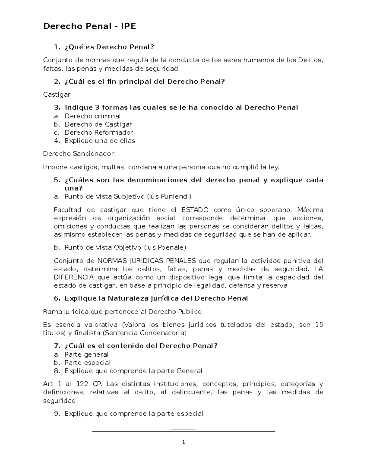 Derecho Penal IPE 1: Cuestionario Completo sobre Delitos y Penas - Document Preview