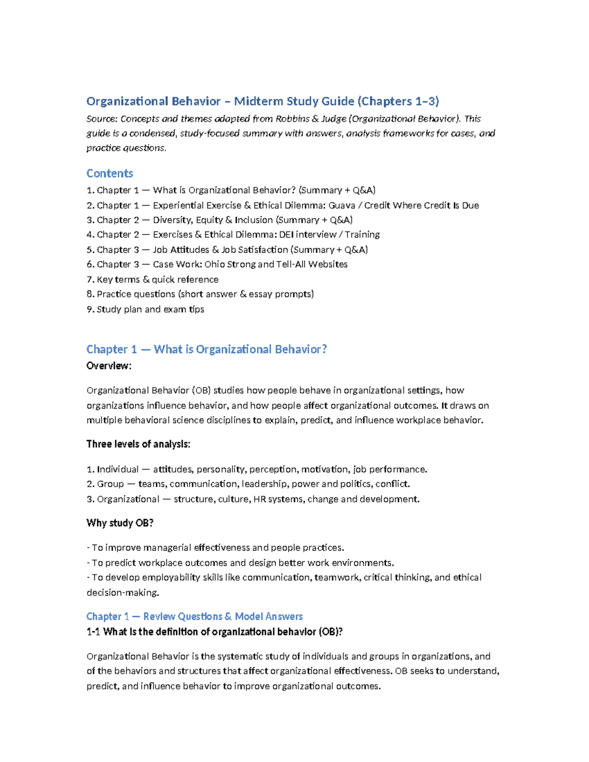OB Midterm Study Guide: Key Concepts from Chapters 1-3 - Studocu