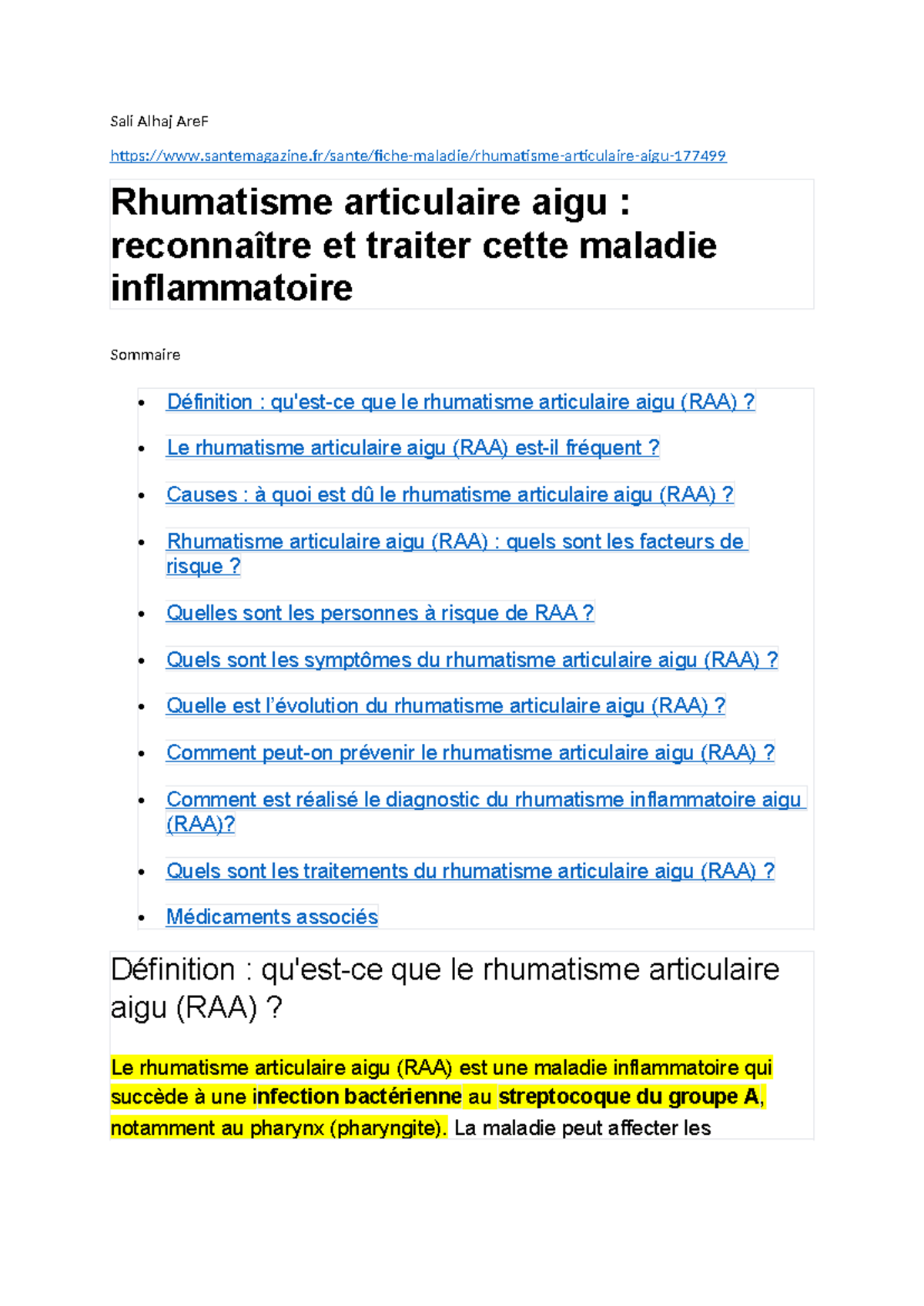 Rhumatisme Articulaire Aigu (RAA) : Reconnaissance et Traitement - Studocu