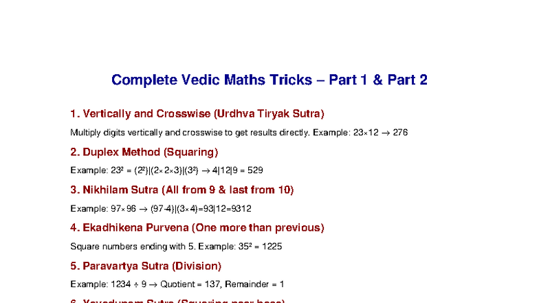 Vedic Maths Tricks Guide: Complete Techniques & Methods - Studocu