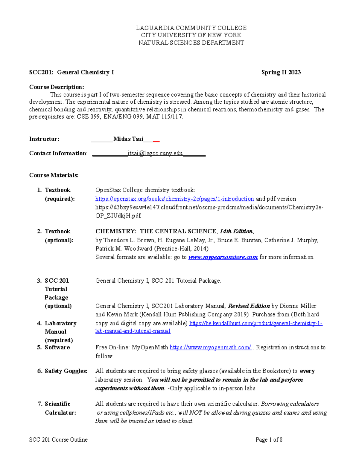 SCC201 General Chemistry I Syllabus Spring II 2023 Overview - Studocu