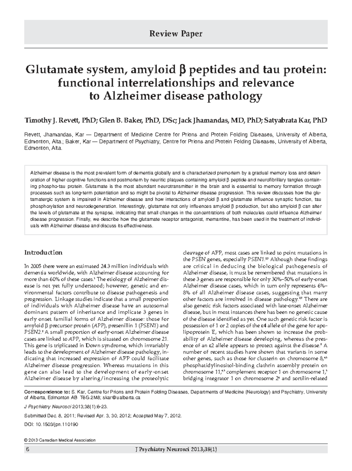 Glutamate System and Alzheimer's Disease Pathology: A Review (MED 101 ...