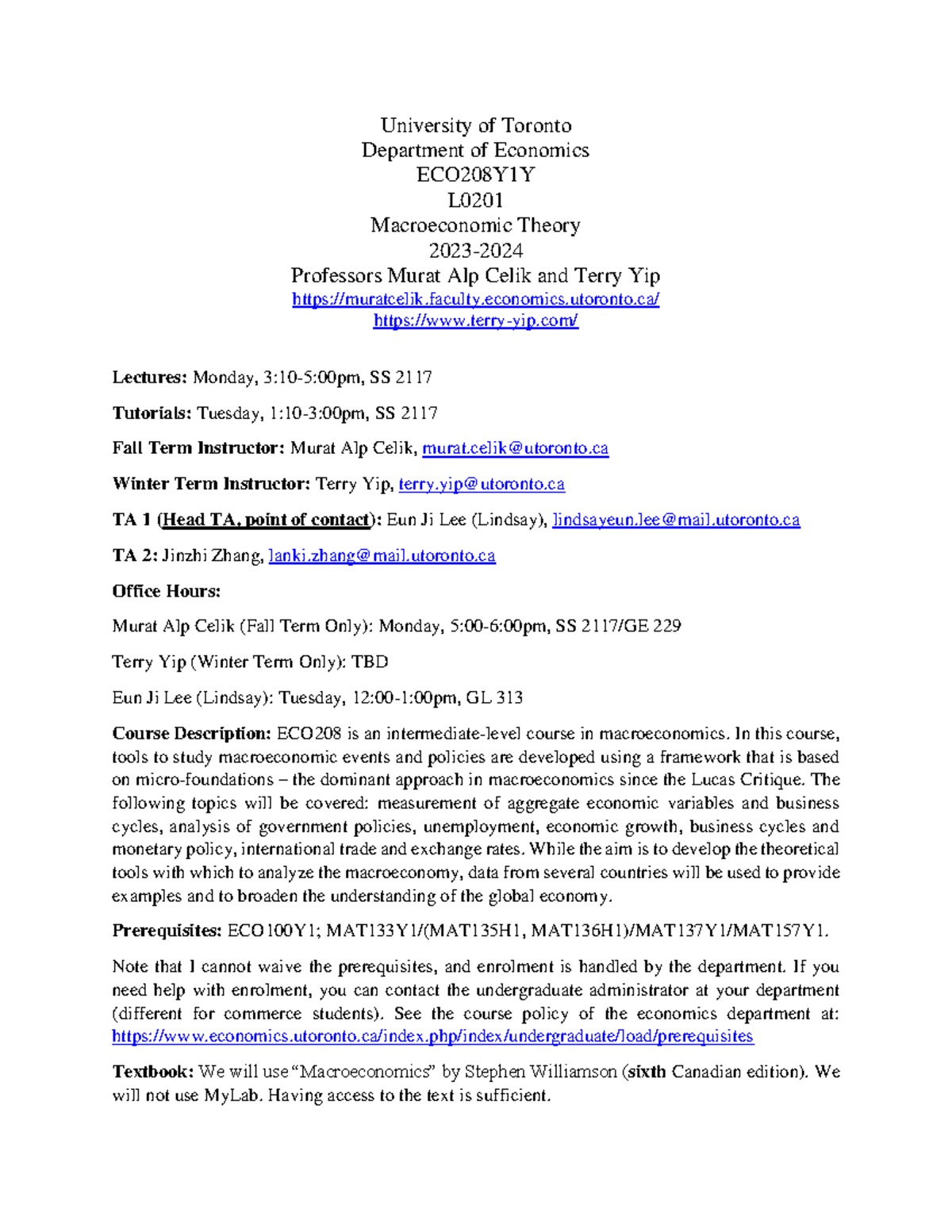 ECO208Y1Y Syllabus: Macroeconomic Theory Overview & Policies - Studocu