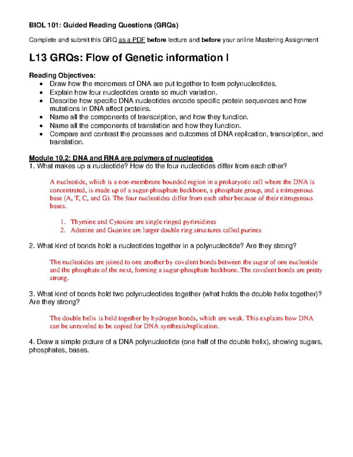 Lesson 13 GRQs: Flow of Genetic Information Part 1 Overview - Studocu