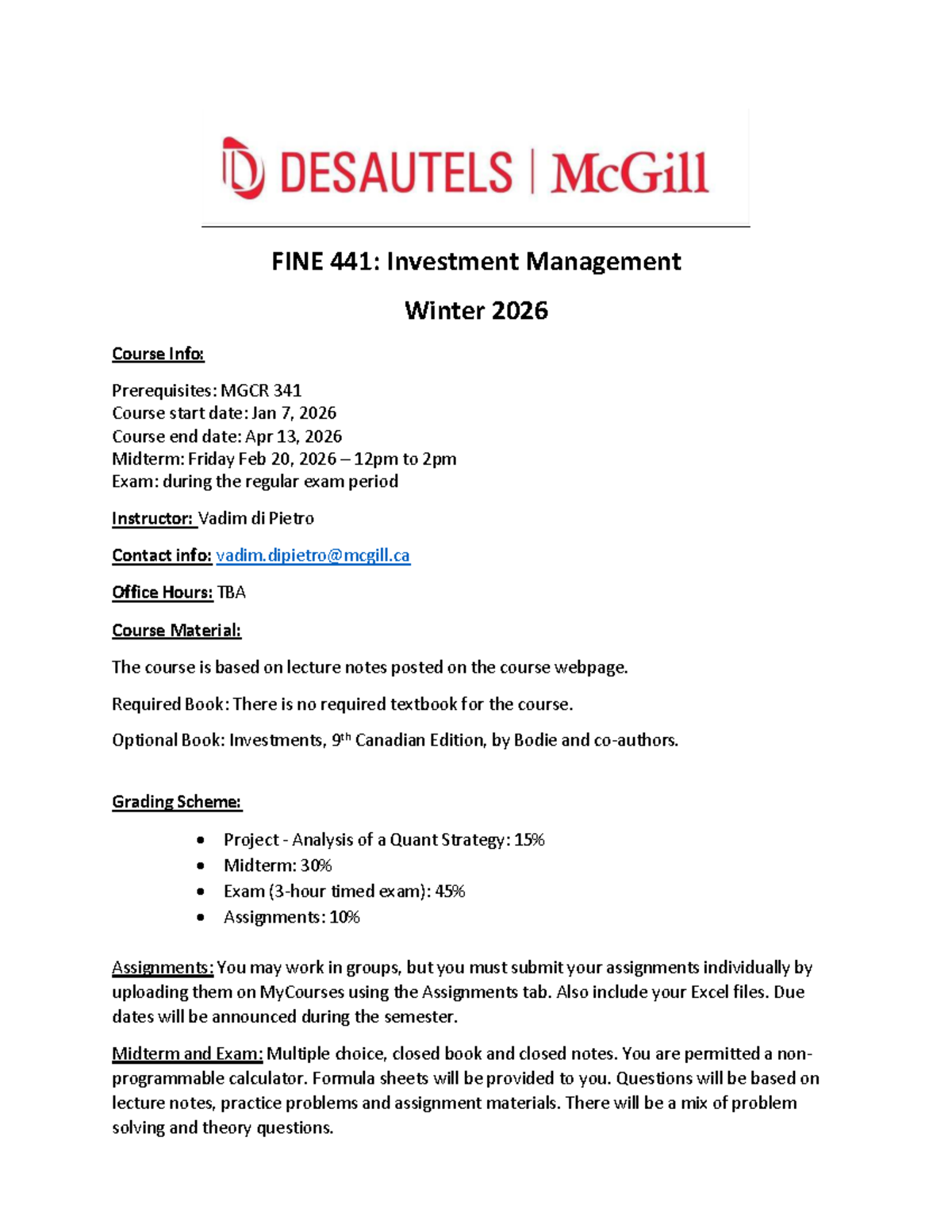 FINE 441: Investment Management Course Outline Winter 2026 - Studocu