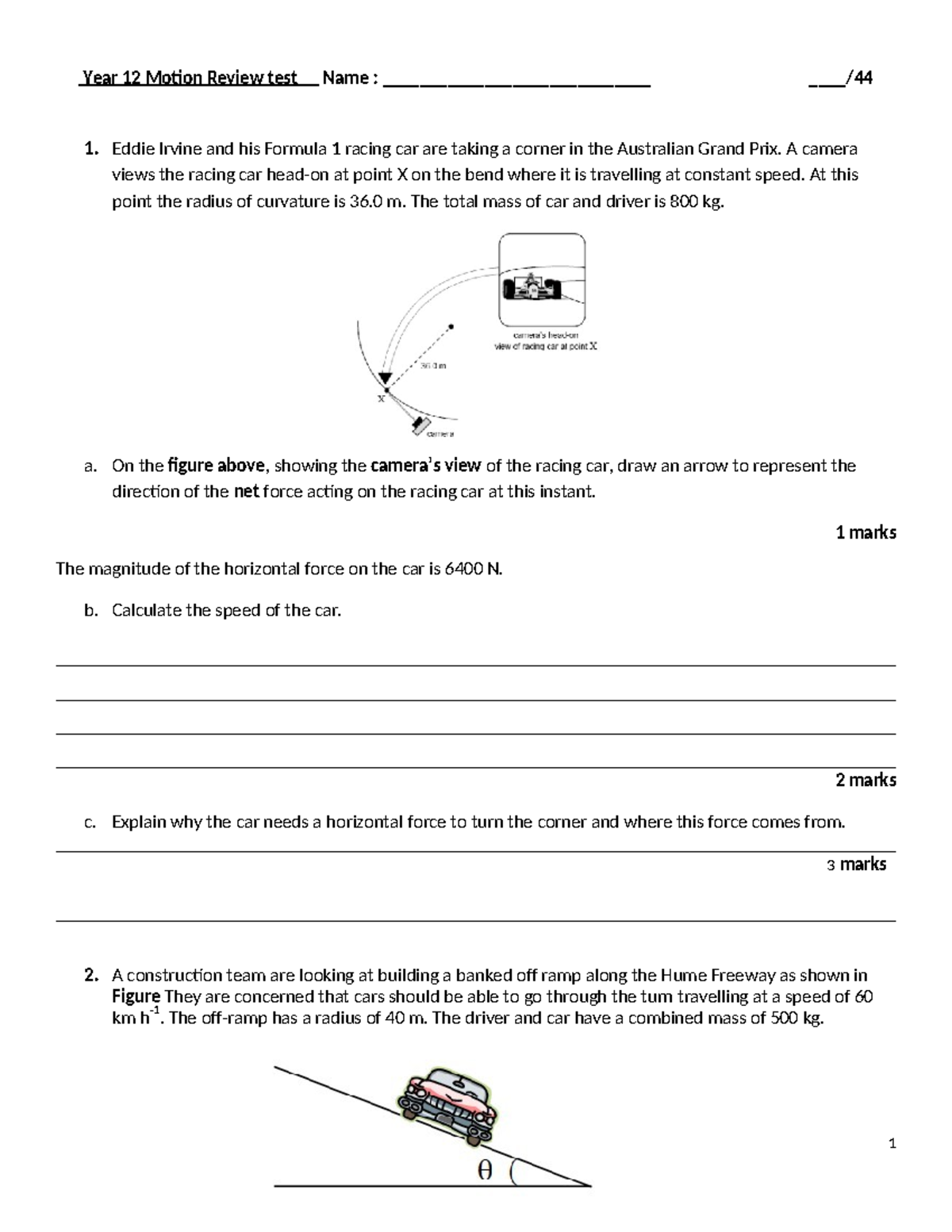 VCE Physics Unit 3/4 Area of Study 1 Motion Practice Test - Year 12 ...