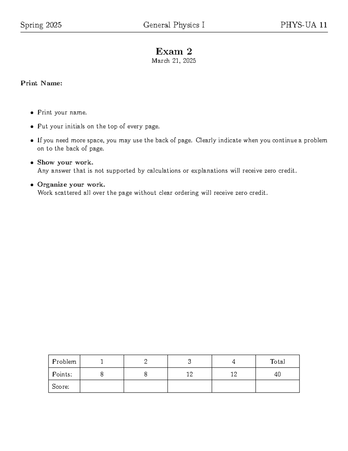 Spring 2025 General Physics I (PHYS 101) Exam 2 Practice Questions ...