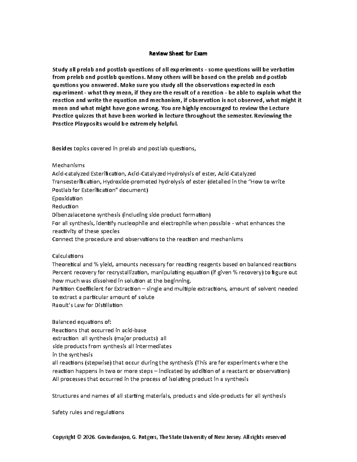 Review Sheet for CHEM 101 Final Exam: Key Concepts and Mechanisms - Studocu