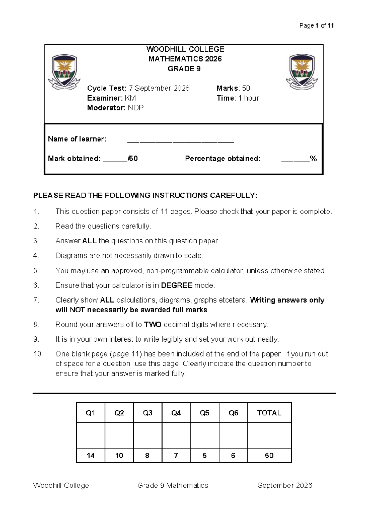 Grade 9 Mathematics Cycle Test: Term 3 - September 2026 - Studocu