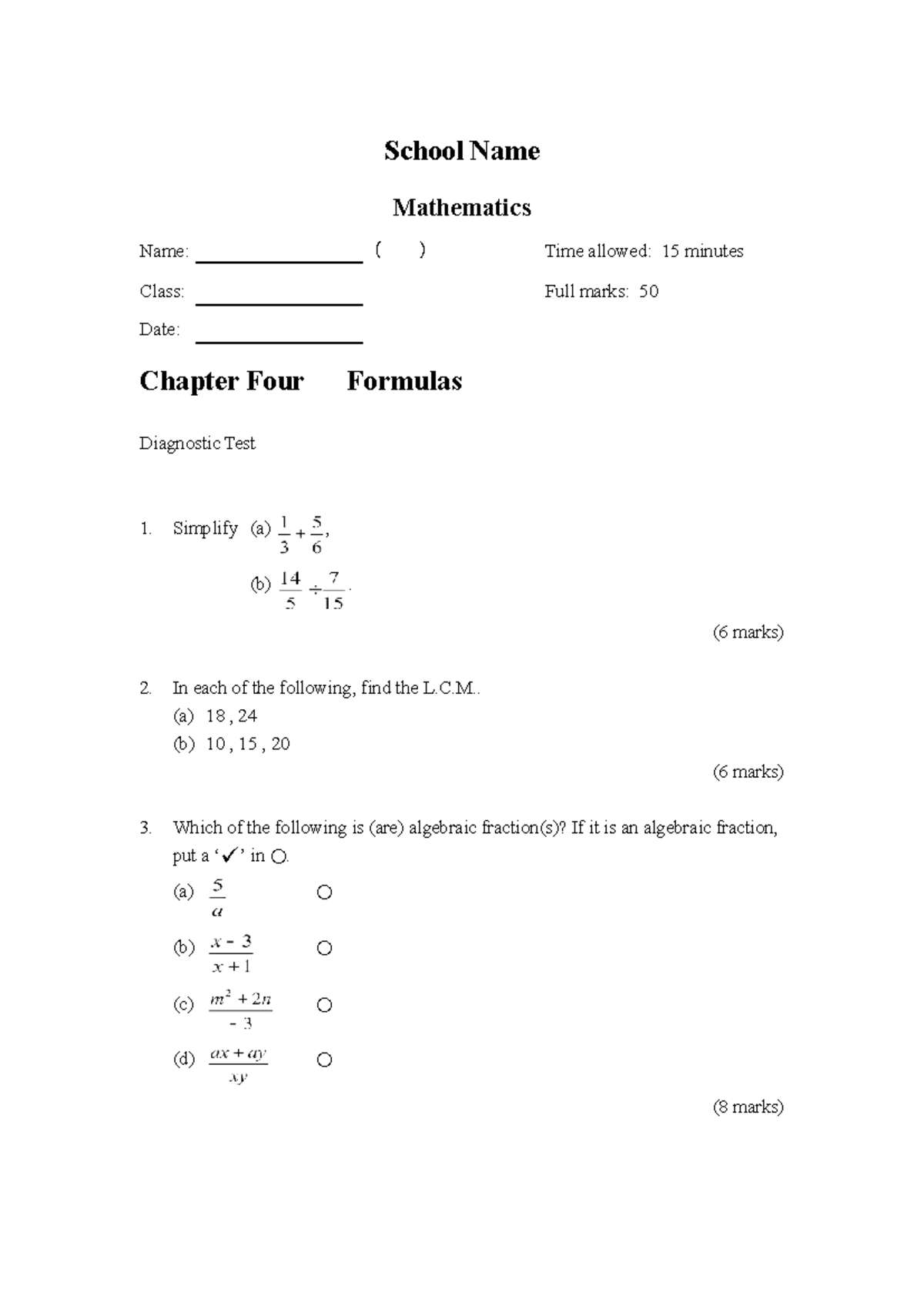 Ch04 Math Diagnostic Test: Formulas & L.C.M. Practice - Studocu