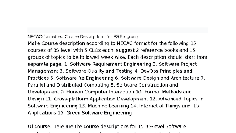 Course Descriptions for BS Software Engineering Programs (SE-101) - Studocu