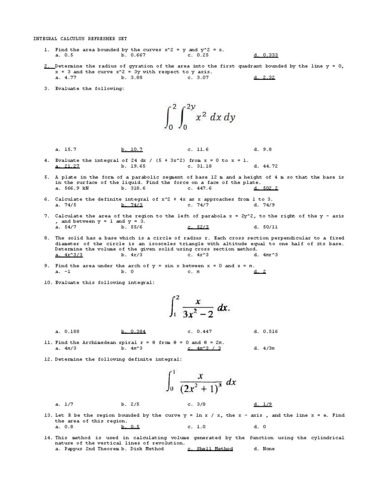Integral Calculus Refresher Set - Concepts and Questions - Studocu