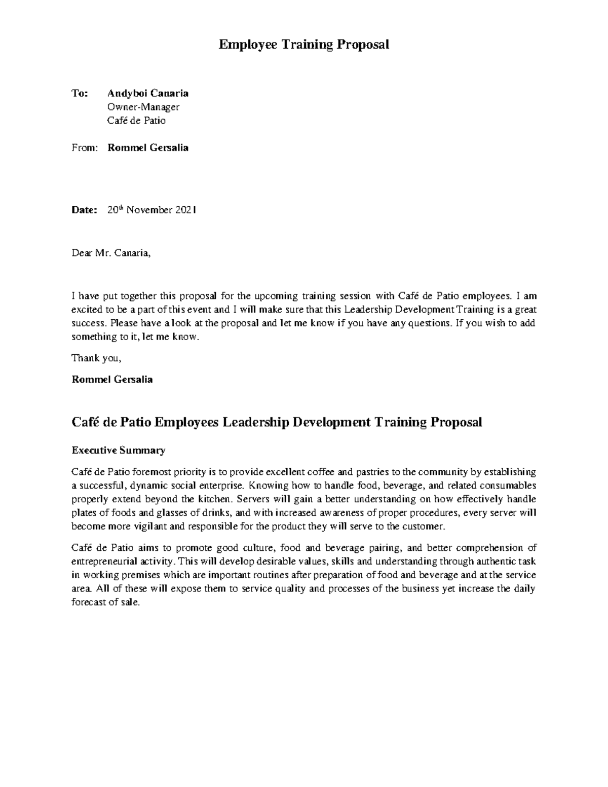Employee training proposal - Cafe de Patio - Employee Training Proposal ...
