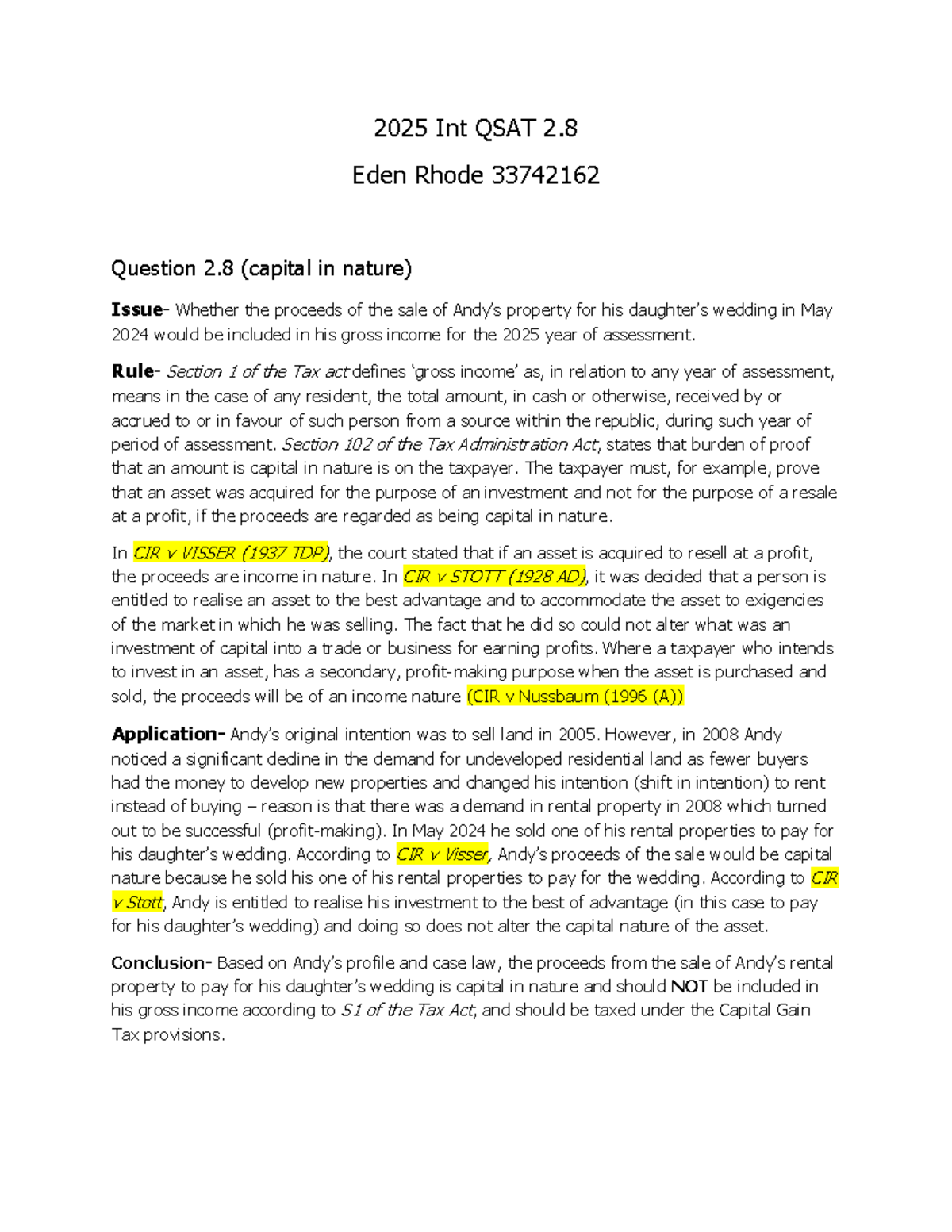 2025 QSAT 2.8 Capital Nature Analysis for Wedding Property Sale - Studocu