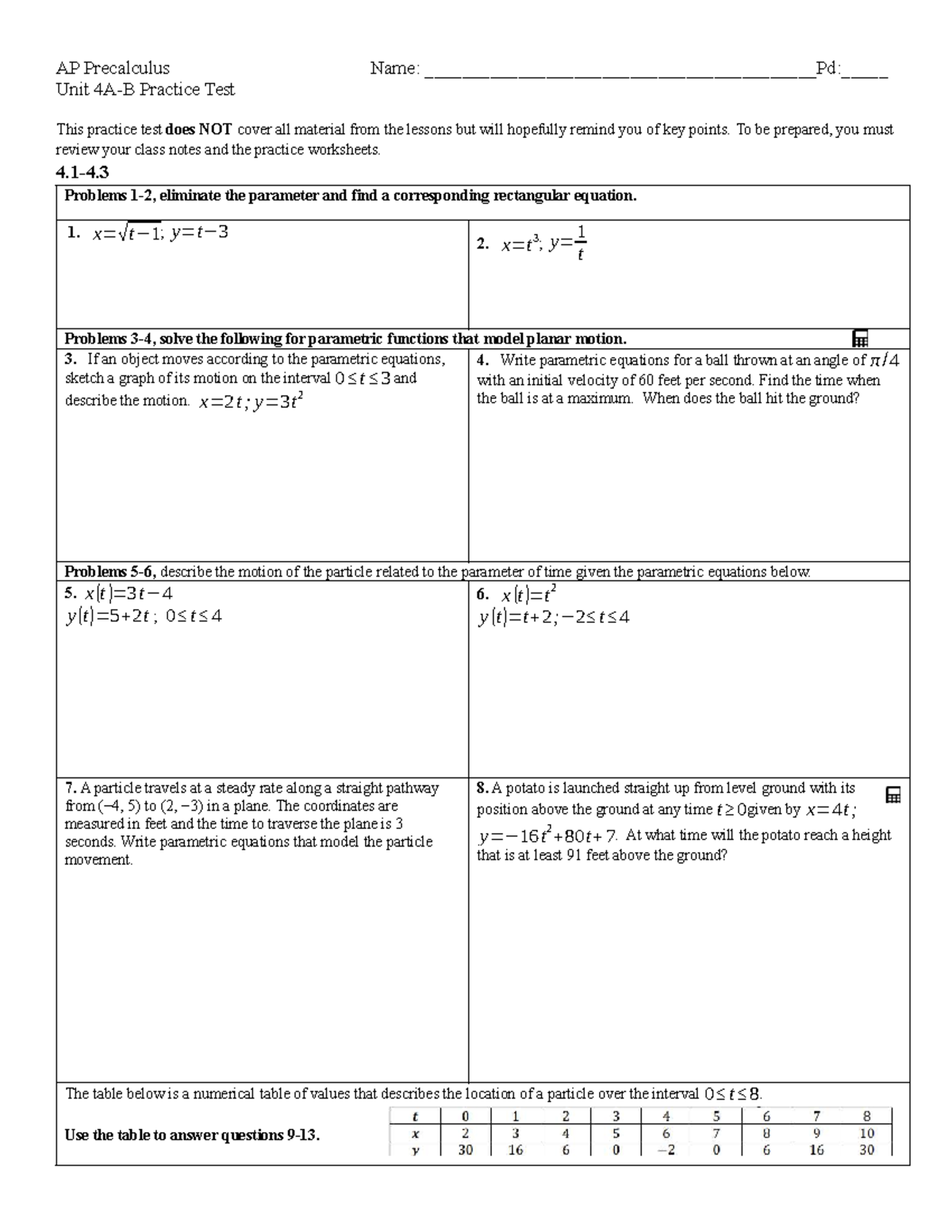 AP Precalculus 02-10 Unit 4A-4B Practice Test on Parametric Functions ...