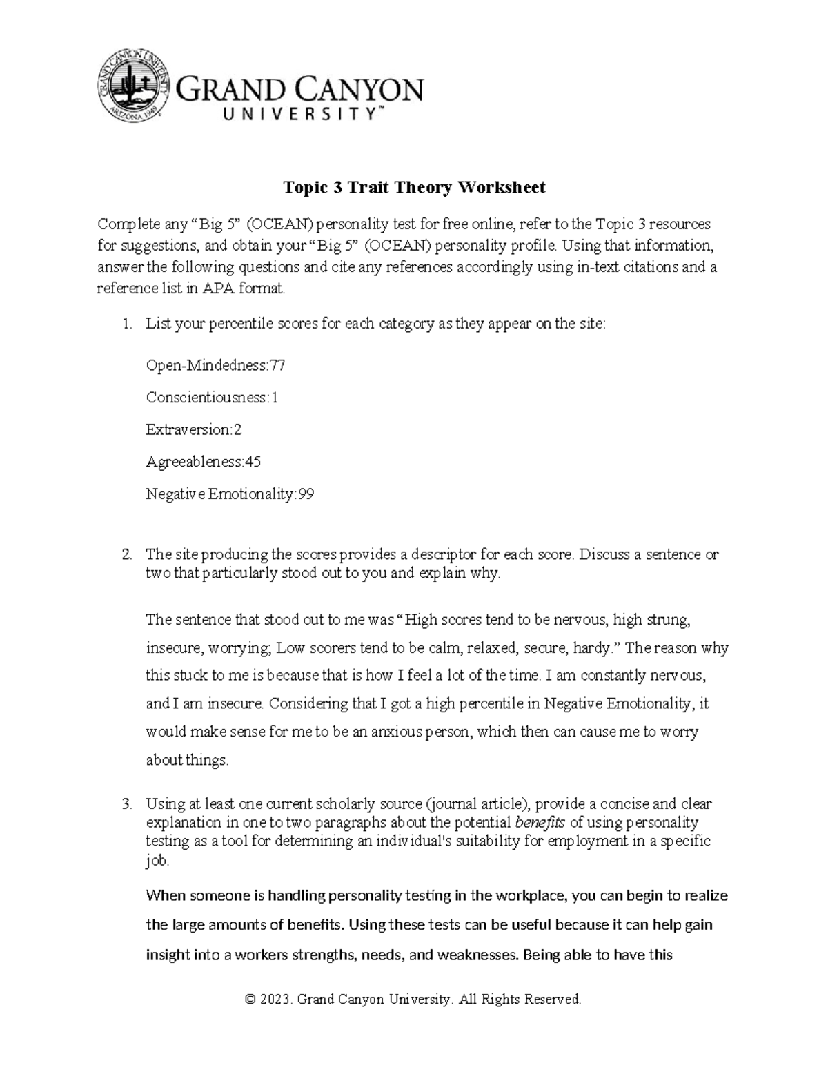 PSY 255 T3 Trait Theory Worksheet & Big 5 Personality Analysis - Studocu
