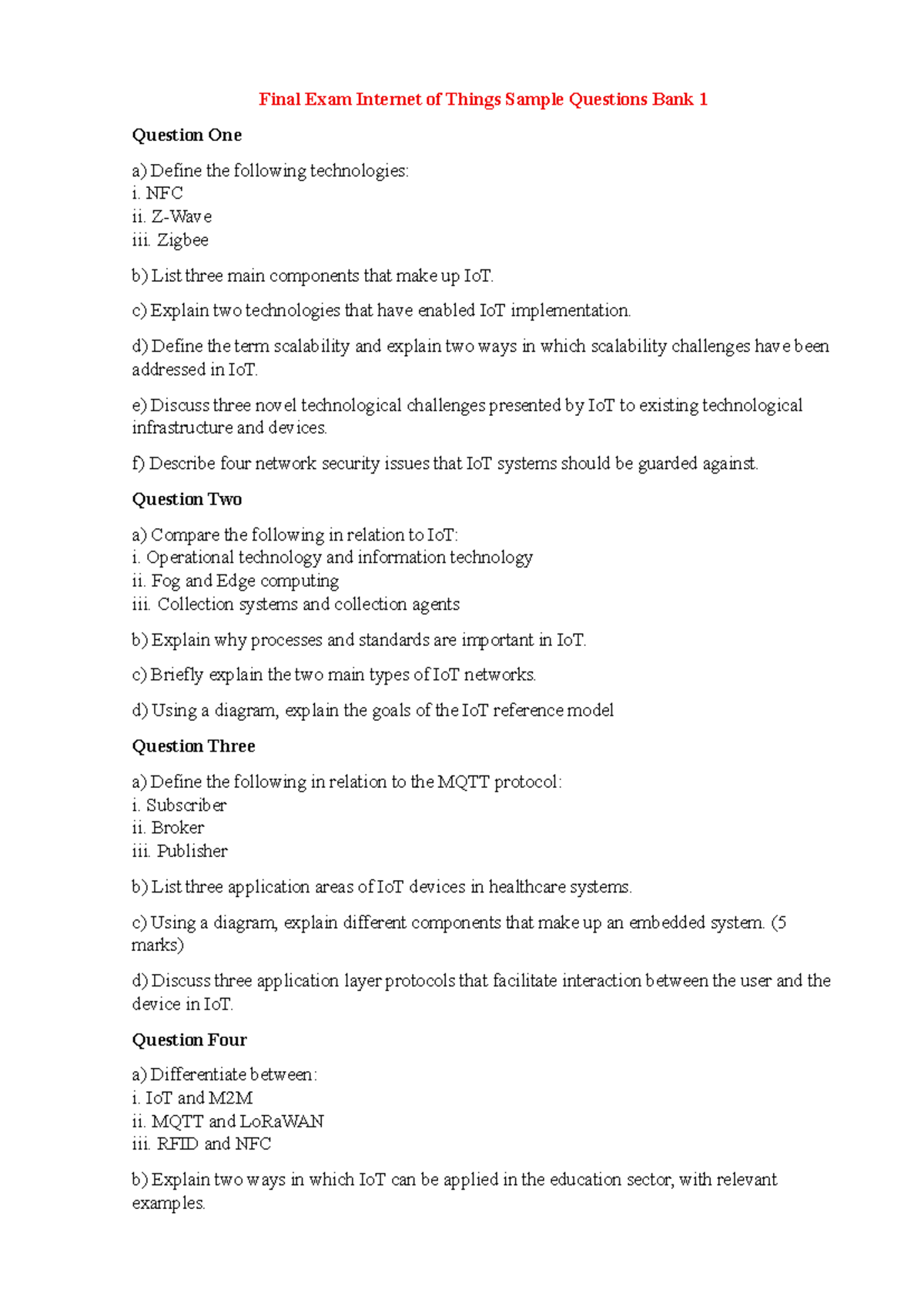 Final Exam IoT Sample Questions Bank 1 - Studocu