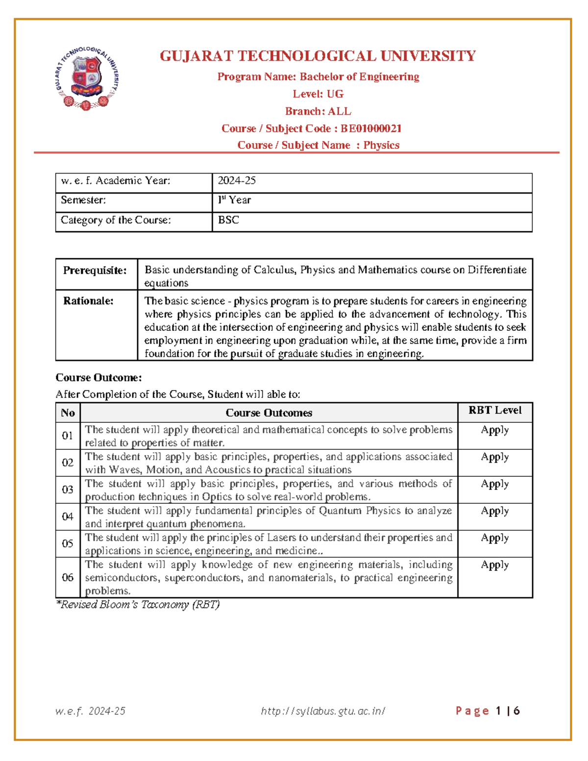 Physics Course Overview and Outcomes - B.E. Semester 1 (GUJARAT TECH ...