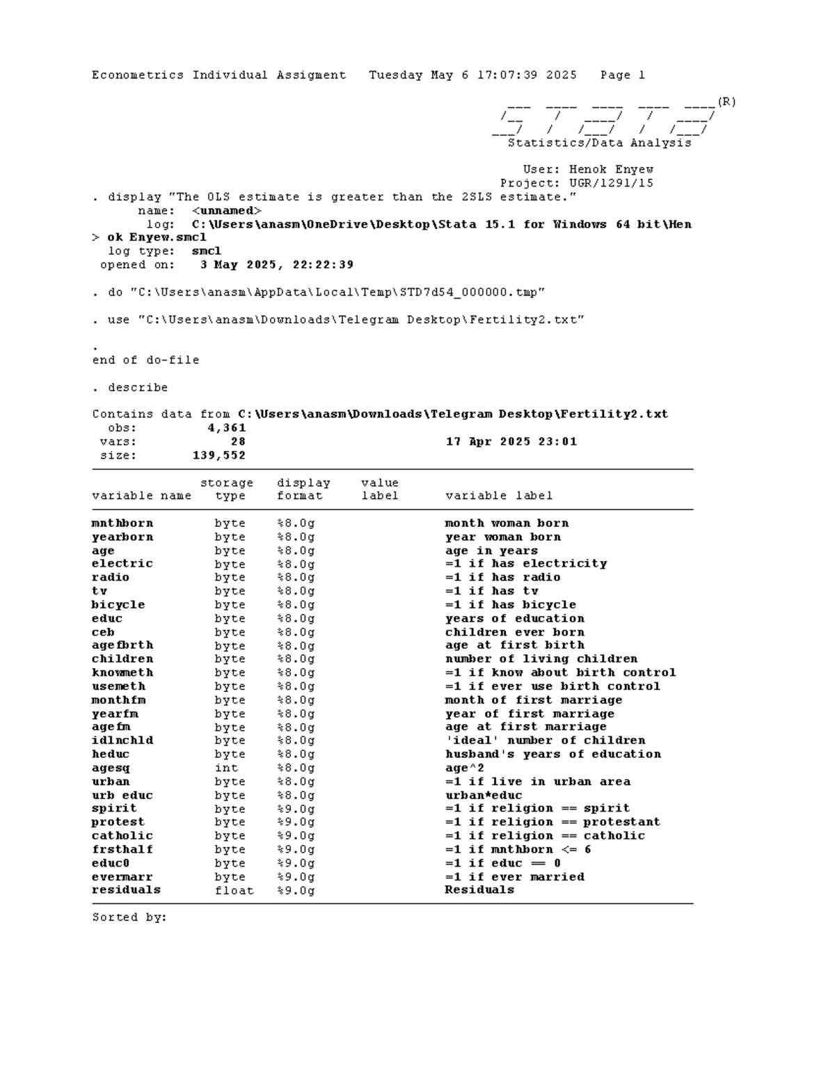Econometrics Individual Assignment: OLS vs 2SLS Analysis - Studocu