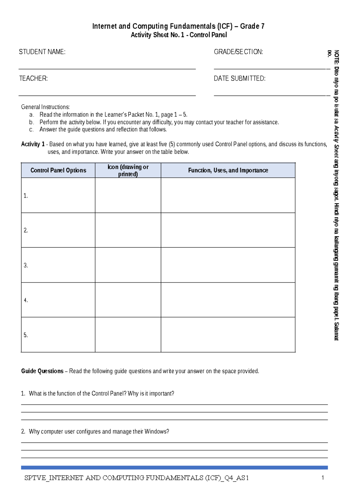 Sptve ICF 7 Q4 Activity Sheet No. 1: Control Panel Insights - Studocu
